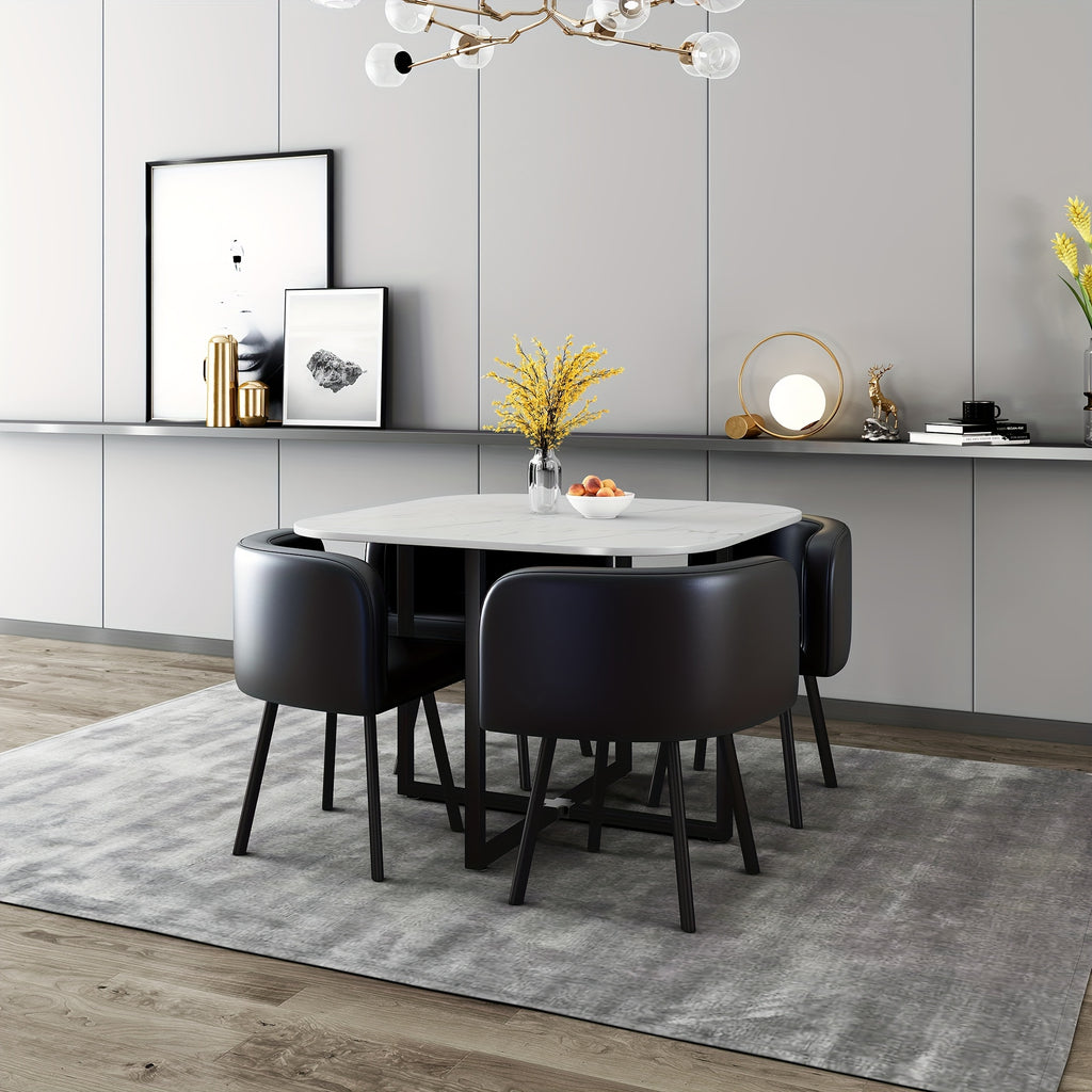 5-Piece Modern Square Dining Set - Tables with 39.4-inch White Imitation Marble Top and 4 Black PU Leather Chairs - Space-Saving Furniture for Compact Dining Rooms