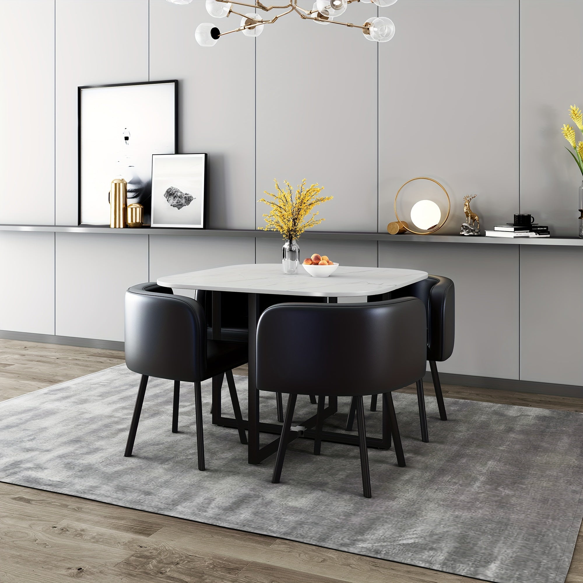 5-Piece Modern Square Dining Set - Tables with 39.4-inch White Imitation Marble Top and 4 Black PU Leather Chairs - Space-Saving Furniture for Compact Dining Rooms