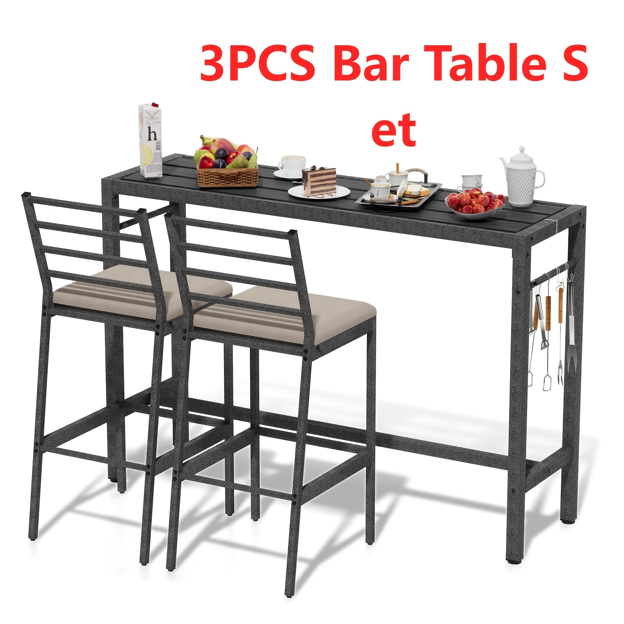 3Pcs Patio Outdoor Bar Table And Chairs Set, Metal High Top Patio Table And Chairs Set With Cushion, Outdoor Tiki Bar Stools Set, Patio Bar Set Outdoor Bar Table Set, Outdoor Pub Furniture Patio Bar And Stools Set For Backyar